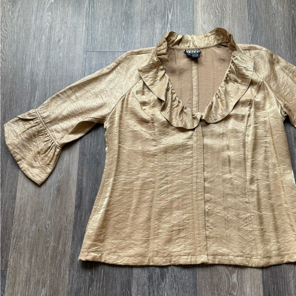 BEREK Ruffle Gold Shimmer 3/4 Sleeve Zip Jacket 2X
